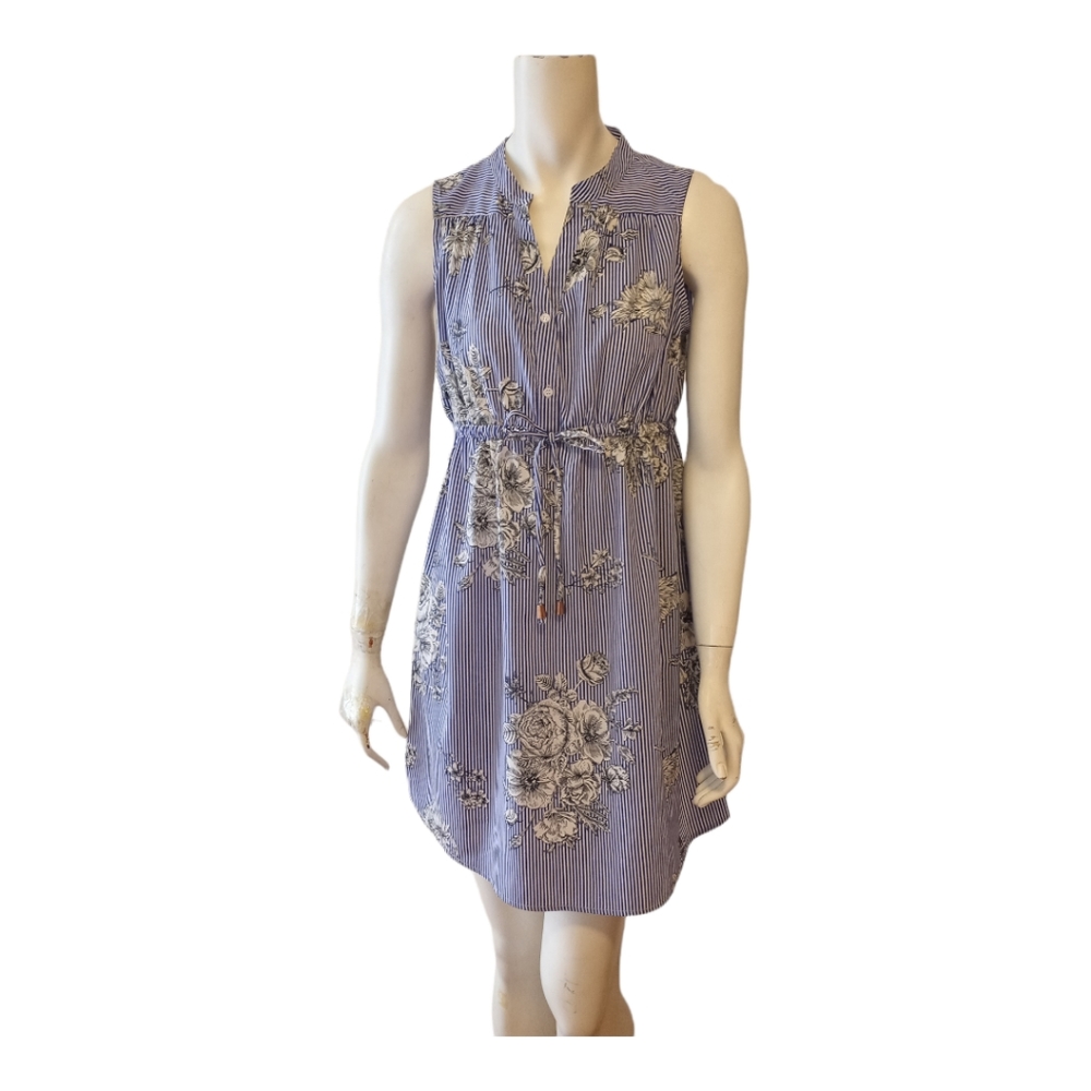 Hint of Blush Blue & White Striped Floral Dress M Sleeveless Elastic Waist